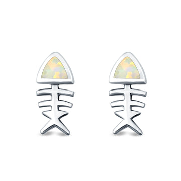 Fish Stud Earrings Lab Created White Opal 925 Sterling Silver (10mm)